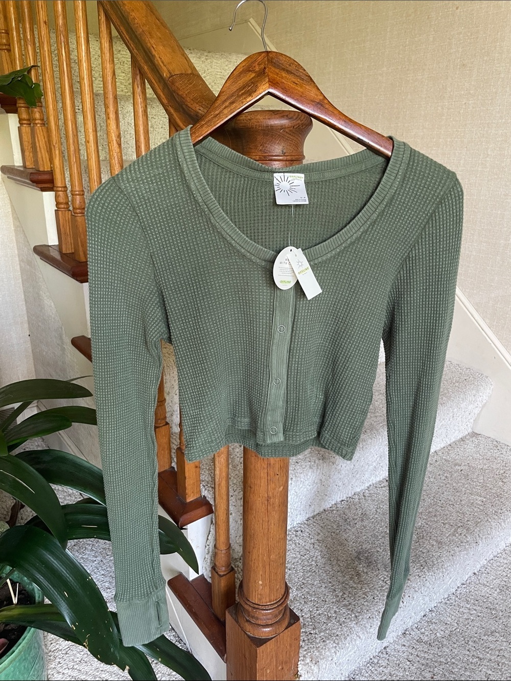 Offline aerie Olive Green Ribbed Button-Front Long Sleeve Crop Top NWT